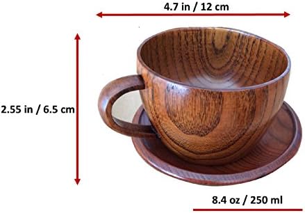 מתנה פרימיום קלאסי - ספל קפה מעץ בעבודת יד טבעית, סגנון יפני לכוס קפה/תה או קערת מרק עם ידית וצלוחית עץ