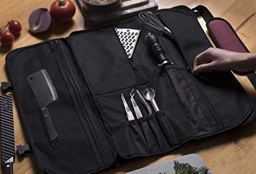 שקית גליל סכין של Asaya Chef - 20 כיסים לסכינים וכלי מטבח - מיוצרים עם ניילון שעווה עמיד בפני כתמים - לשפים