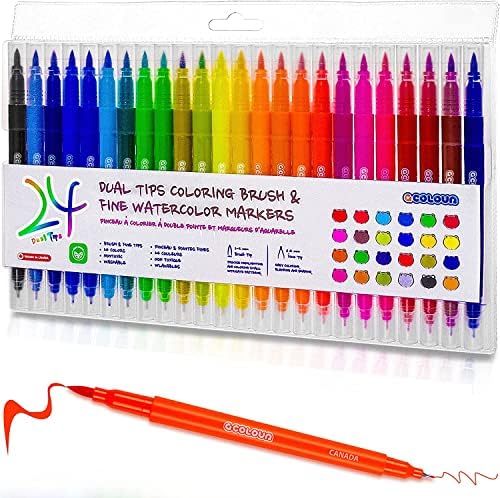 24 צבעים סמני צבע צבעי מים, קצה כפול צביעה סמני צבע קבעו עט מברשת וקצה עדין לצביעה של ילדים ומבוגרים,