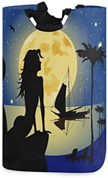 ים דקל עץ מפרשית שחף אוקיינוס חוף ליל כוכבים נוף ירח גדול שק כביסה סל קניות תיק מתקפל פוליאסטר כביסת מתקפל