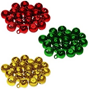 פעמוני ג'ינגל מיניאטוריים של מתכת עם לולאות לתלייה קלה - אדום, ירוק, זהב - 60 חלקים