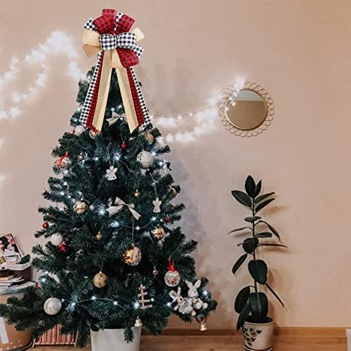 BCIUAOR עץ חג המולד טופר קשת, יוטה גדולה אדומה שחורה שחורה לבנה משובצת מתנה קשת קשת דקורטיבית לעץ חג