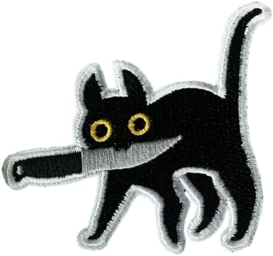 2 PCS חתול עם סכין, טלאי Meme של חתול שחור חמוד מצחיק - ברזל על/תפור - אפליקציה חמודה לז'קטים, ג'ינס, בגדים,