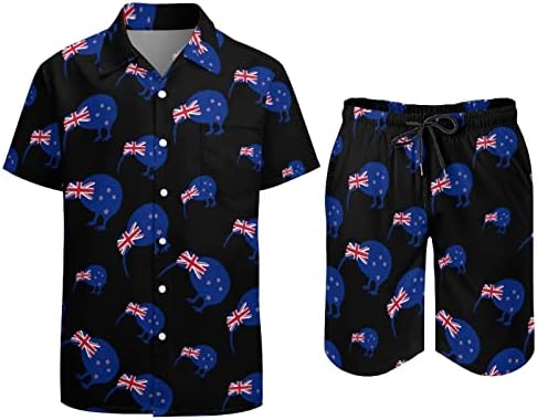 Weedkeycat ניו זילנד קיווי ציפור תלבושות חוף גברים 2 חלקים כפתור הוואי למטה חולצה עם שרוול