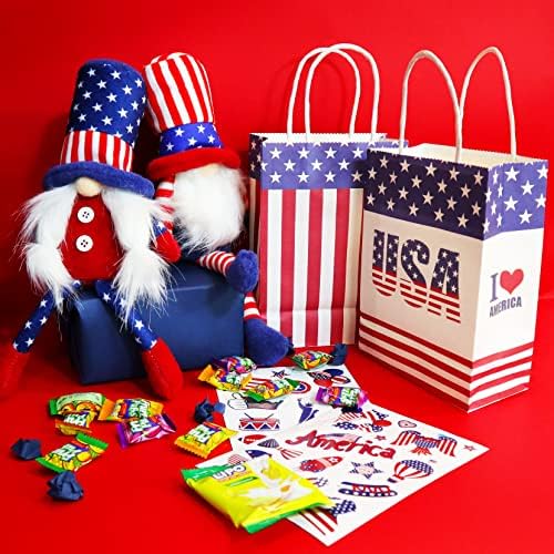 10 יחידות שקיות מתנה פטריוטיות עם ידיות, שקיות נייר דגל אמריקאיות, מסיבת 4 ביולי לטובת תיקים לטובת יום הזיכרון