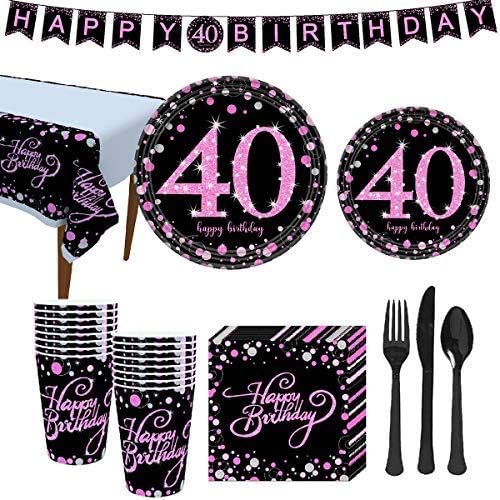 40 מסיבת יום הולדת ספקי סט משמש 16 אורחים לנשים חד פעמי כלי שולחן ערכת כולל 7צלחות,9צלחות, באנר, כוסות, מפיות,