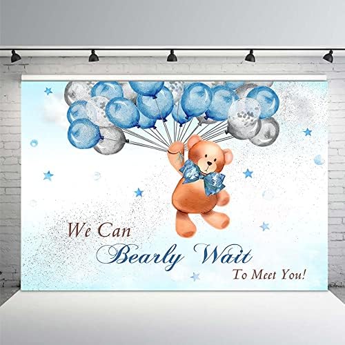 מהופונד דוב תינוק מקלחת קישוטי רקע אנחנו יכולים לחכות לפגוש אותך באנר כחול וכסף גליטר בלוני צילום רקע באנר