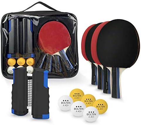 סט ההנעה של Bolten Ping Pong עם רשת טניס שולחן נשלף, 4 משוטים מקצועיים, שישה כדורי 3 כוכבים,