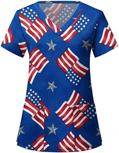 4 ביולי חולצת טי לנשים דגל אמריקאי קיץ חולצה עם צווארון שרוול קצר עם 2 כיסים חולצות בגדי עבודה