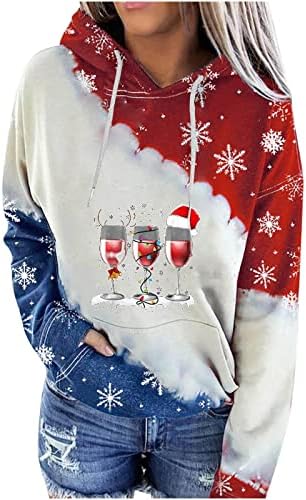 קפוצ'ון לחג המולד של נשים אדום יין אדום סוודר סוודר שרוול ארוך בלוק צבע שרוך חולצות סווטשירט עם כיסים