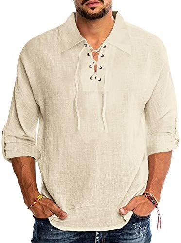 חולצות פשתן כותנה לגברים שרוול ארוך שרוול ארוך תחרה מעלה חולצת קיץ היפי חוף פיראט עליונה