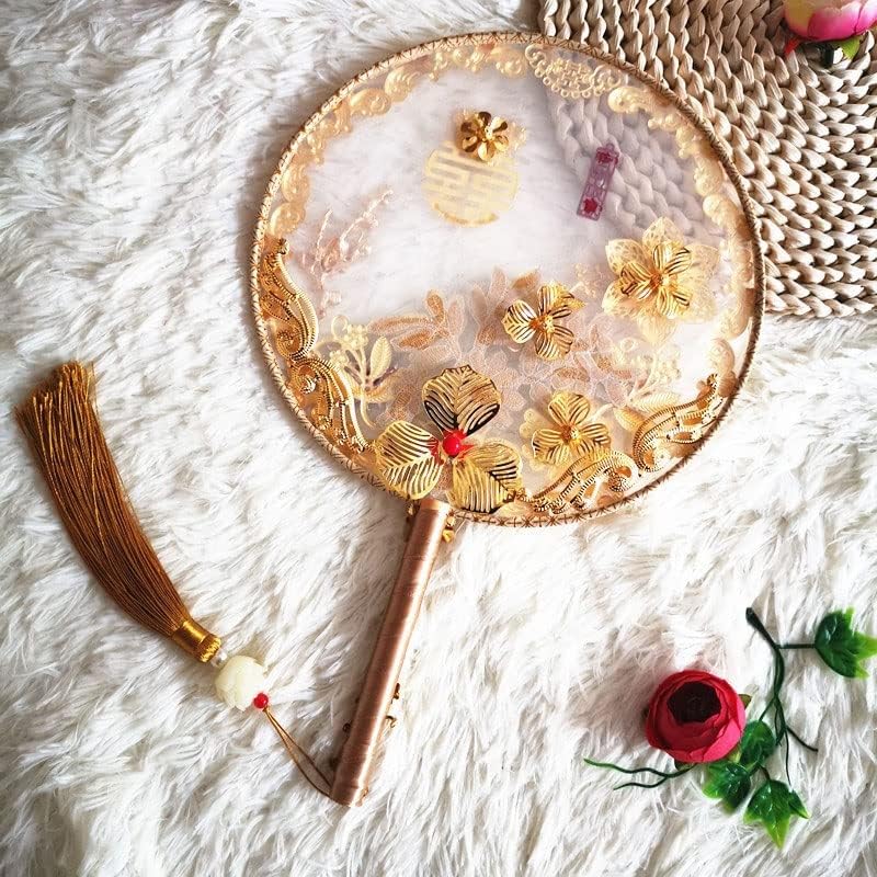 Jkuywx זהב בסגנון סיני זר כלה פרחים מלאכותיים מאוורר חתונה פרל חרוזי חרוזים חרוזים מאוורר יד
