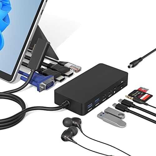עגינה משטחית, תחנת עגינה פני השטח עם VGA, HDMI X2, RJ45, USB 3.0, USB-C, SD, TF, מתאם שמע למשטח Pro 9/8/x/7/6/4/3,