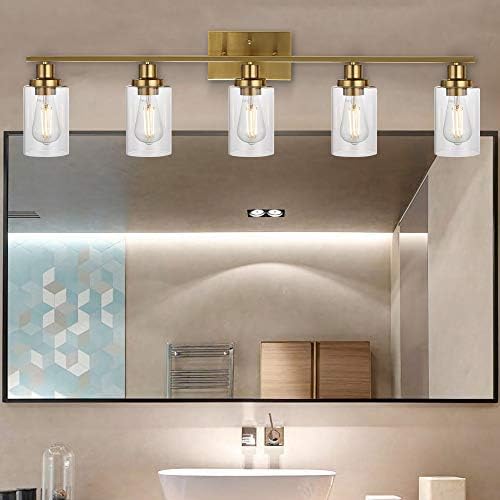 5 - אור מוברש פליז יהירות אורות מודרני אמבטיה תאורת גופי מעל מראה עם ברור זכוכית צל, מקורה קיר הר מנורת