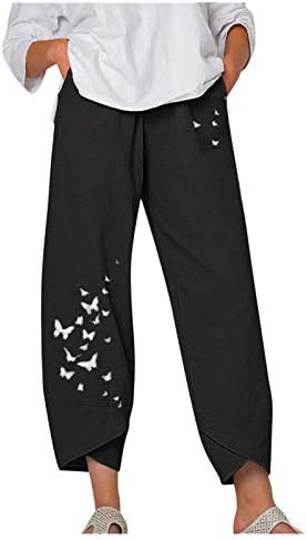 מכנסי פשתן נשים, מותניים גבוהים ברגל רחבה פלאצו יוגה קפריס קיץ פרפר הדפס מכנסיים קצוצים טרנדיים עם כיסים