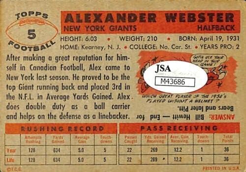 אלכס וובסטר חתם על ניו יורק ג'יינטס טופפס מספר 5 כרטיס כדורגל JSA - NFL כרטיסי כדורגל עם חתימה