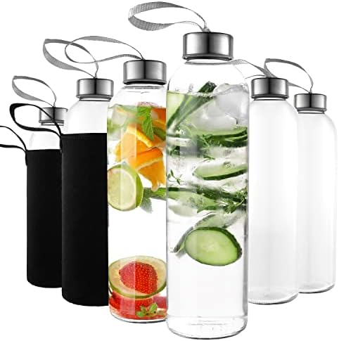 בקבוקי מים מזכוכית לוקס 24 אונקיות למטבח-מארז שרוולי מגן 6-ניילון – מכסי בורג אטומים, לולאות