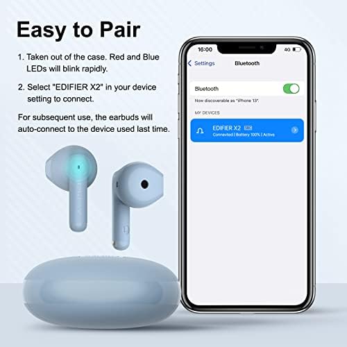 Edifier X2 אוזניות אלחוטיות אמיתיות, אוזניות Bluetooth עם זמן משחק של 28 שעות, שיחות צלולות קריסטל,