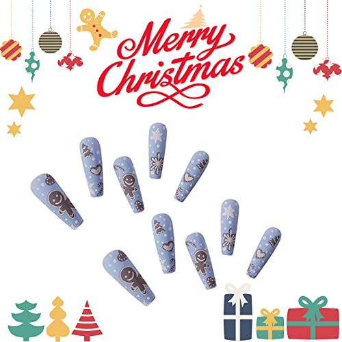 בבלאל חג המולד לחץ על ציפורניים מט כחול דבק על ציפורניים ארוך ארון מזויף ציפורניים חמוד עיצוב ציפורניים לנשים