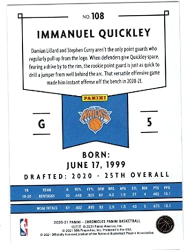 עמנואל Quickley RC 2020-21 Panini Chronicles Pannini Rookie NM+ -MT+ NBA כדורסל 108 KNICKS