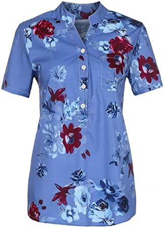 חולצות קיץ לנשים שרוול קצר התאמה רופפת ס-5 ליטר פרחוני טרנדי מקרית כפתור למטה עם צווארון חולצות טיז