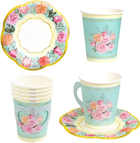 סייבה עץ תה מסיבת קישוטי נייר תה כוסות עם ידיות ותחתיות חד פעמי פרחוני יום הולדת אספקת טובות 24 סטים