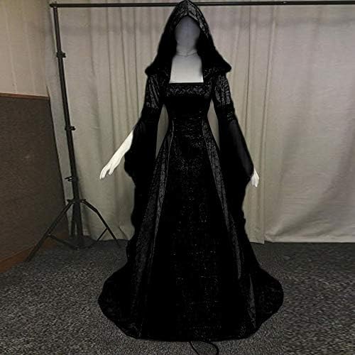 נשים גותי סלעית גלימת ארוך שמלה עם מחוך ליל כל הקדושים מכשפה קוספליי תלבושות מוצק בת שרוול רצפת אורך