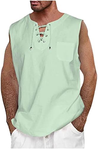 חולצות גופיות לגברים תחרה ללא שרוולים מזדמנים עם חוף היפי חוף טוניקה ברנסנס בצבע אחיד עם כיסים
