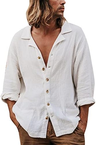 כפתור Mens XXBR למטה חולצות שרוול ארוך צווארון דש כותנה חוף נוחות קלות חולצה מזדמנת רופפת קלה