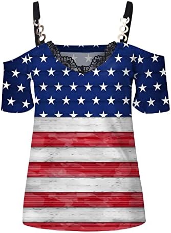 אמריקאי דגל חולצה לנשים קצר שרוול צווארון חולצות עצמאות יום מודפס סקסי תחרה לקצץ קר כתף