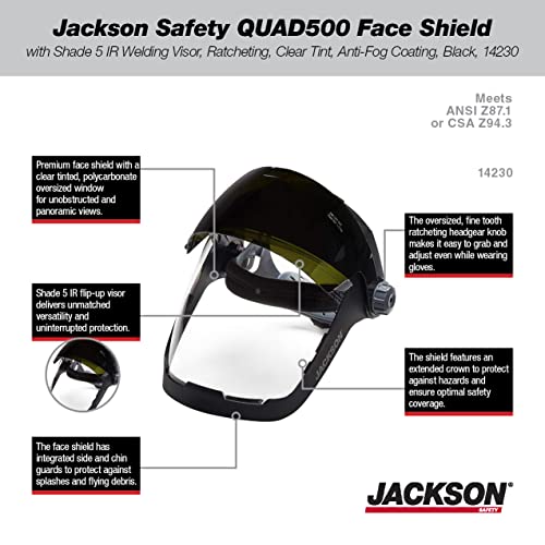 מגן פנים של ג'קסון בטיחות Quad500 עם צל 5 מגן ריתוך IR, מחגר, גוון ברור, ציפוי נגד ערפל, שחור, 14230