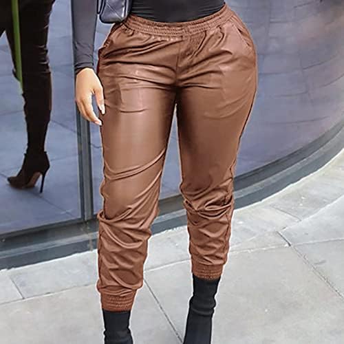 מכנסיים רזים של נשים דמוי עור עיצוב רוכסן עיצוב מותניים גבוהים מכנסיים מזדמנים עם כיסים מרשימים שלל