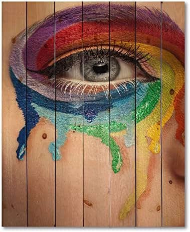 עיצוב מקרוב עין עם צבעי בכי בגלגל סביב עיצוב קיר עץ מודרני ועכשווי, אמנות קיר עץ רב צבעונית, אנשים