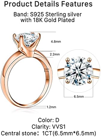 טבעת מויסניט לנשים, כסף סטרלינג 925 עם טבעת אירוסין מצופה זהב 18 קראט צבע 1-2 קראט צבע 1 בהירות
