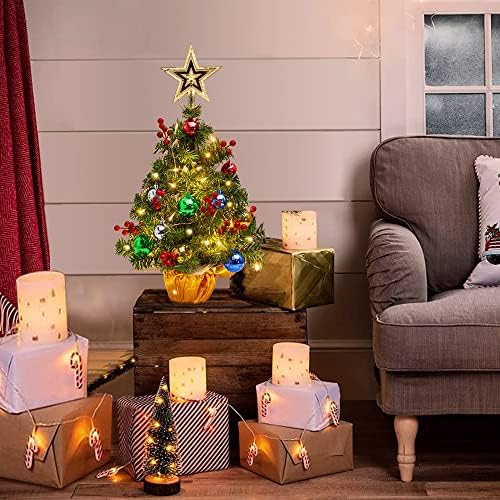 עץ חג המולד מיני של שולחן השולחן, עץ חג המולד של אורן מיניאטורה 24 אינץ 'עם קישוטים תלויים, עץ חג מולד