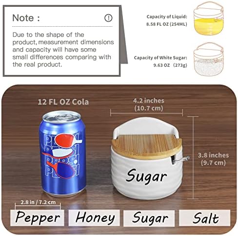 קערת סוכר 77L עם מדבקה, קערת סוכר קרמיקה עם כף סוכר ומכסה במבוק לבית ומטבח - עיצוב מודרני, לבן, 8.58 פל.