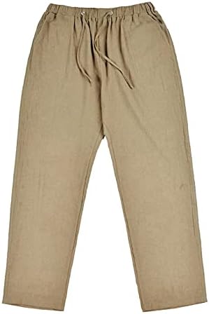 HDZWW פשתן מוצק עם כיסים מכנסי מותניים אלסטיים נשים עובדות מכנס קיץ ארוך רגיל ישר נושם רגיל