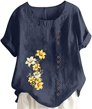 כותנה פשתן חולצות לנשים קיץ קצר שרוול חולצה חולצות בתוספת גודל כפתור חולצה טיז פרחוני הדפסת טוניקות למעלה