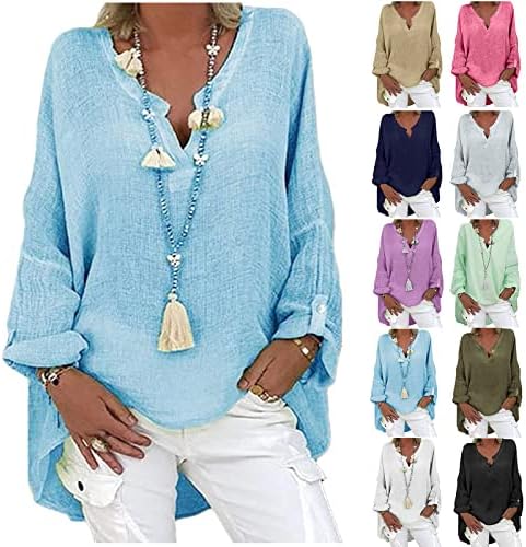 חולצות אוברסייז לנשים שרוול ארוך צווארון רופף בכושר מ-5 ליטר פשתן קל משקל טרנדי מזדמן חולצות טיז מוצקות
