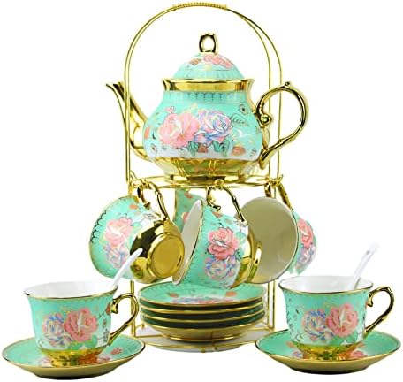 20 חתיכות פורצלן תה סט עם מתכת מחזיק, אירופאי קרמיקה תה סט למבוגרים, פרח תה סט,תה סט לנשים