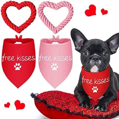 2 חתיכות בצורת לב כלב חבל שיניים בקיעת צעצועים לחבל ו -2 חתיכות נשיקות חינם כלב בנדנה כפה מודפסים צעיפי