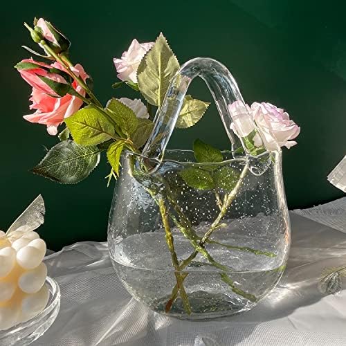 אגרטל ארנק הזכוכית העמיסית לפרחים, אגרטל שקית זכוכית עגולה וייחודית בצורת עגול עם ידית ובועות, אגרטל