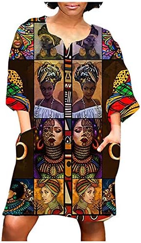 שמלות אפריקאיות לנשים בתוספת גודל צווארון אמצע שרוול שמלה מזדמן רופף נשים מבוגרות מיני שמלה עם כיס