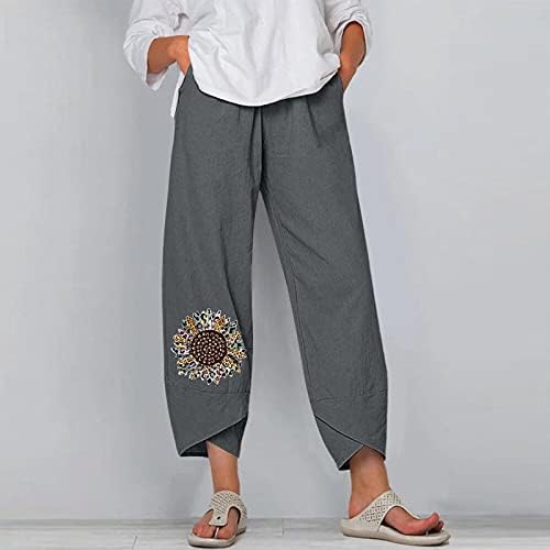כותנה פשתן קצוץ מכנסיים נשים מקרית קיץ קאפרי מכנסיים עם כיסים גבוהה מותן קומפי חוף מכנסיים