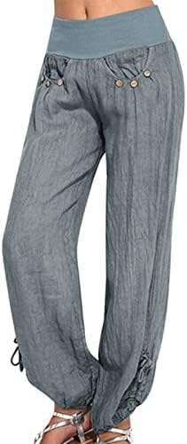 קיץ מזדמן כותנה פשתן מכנסיים לנשים בבאגי ישר רגל מכנסיים גבוהה מותן חוף מכנסיים עם כיסים קומפי מכנסי