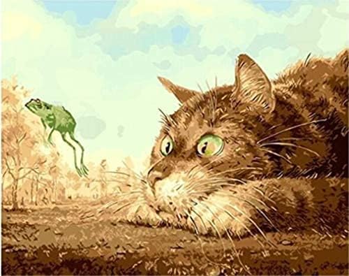 ציור צבע אקרילי לפי מספרים למבוגרים חתול חיה וצפרדע ציור DIY לפי מספרים ערכות על בד 16x20 אינץ '