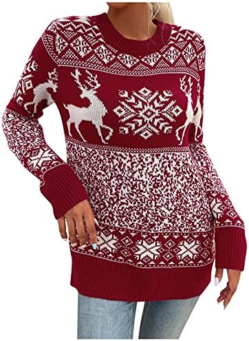 סוודרים לחג המולד של נשים פלאק שלג דפוס סוודר שרוול שרוול סריגה צמרות סוודרים משקל קל משקל קל