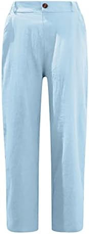 מכנסי פשתן קיץ של נשים מכנסי קפריס רופפים מותניים גבוהים מכנסי קפרי אלסטיים צבע אחיד מכנסי כותנה