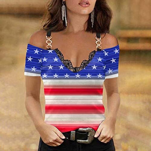 צווארון למעלה חולצת טי לנשים סתיו קיץ קצר שרוול קר כתף תחרה כותנה אמריקאי דגל גרפי לרכוס חולצת טי