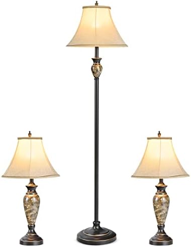 סט טאנגקולה שולחן ומנורת רצפה, מנורה בסגנון מסורתי בן 3 חלקים עם גווני מנורת בד מצעים ובסיסים